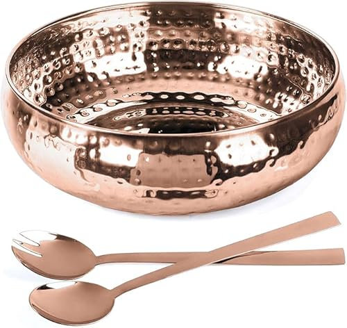 Copper Salad Bowl and Serving Utensils - Hammered Detailing - Stainless Steel Mixing Bowls with Lids- Luxurious Serving Bowls (12 Rose Gold Hammered Salad Bowl)