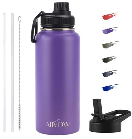 Aiivow 32oz Insulated Stainless Steel Water Bottle with Straw, Purple, 1L, Leakproof, Anti-Sweat, Advanced Insulation, Sports Water Bottle
