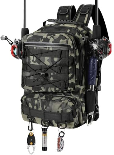 MoKo Angeln Rucksack Sling Bag mit Rod & Gear Holder, Nylon wasserdicht Fishing Tackle Storage Bag für Camping, Wandern, Jagen, Männer Vater, Grüner Tarnanstrich