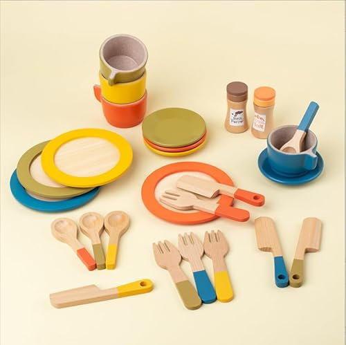 TOSAVGA 26 Piezas Juguetes de Platos de Cocina de Madera, Juego de Platos y Cubiertos para niños, Vajilla de Madera Juego de Platos y Cubiertos, Juego de rol para Niños y Niñas de 3+ Años
