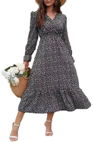 fdsmall Women's Floral V Neck Midi Dress Long Sleeve Polka Dot Maxi Dress Ruffle Elastic Waist Fall Boho Tea Break Dresses (UK, Alpha, XL, Plus, Regular, Black)