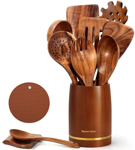 Spardar Küchenutensilien aus Holz, 12 Teiliges Set aus Holzlöffeln mit 9 Kochlöffeln aus Teakholz, Löffelablage, Topflappen, 3,3 Zoll-Utensilienhalter, als Küchendekoration und Einweihungsgeschenk