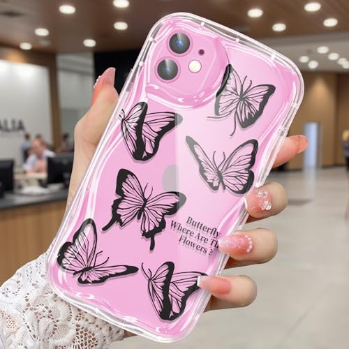 CASBST Compatible for iPhone 11 Case, Pretty Butterfly Print Three-dimensional Wave Clear Case for Girls Women, Soft Full Package Anti-fall Cover for iPhone 11, Black Butterfly