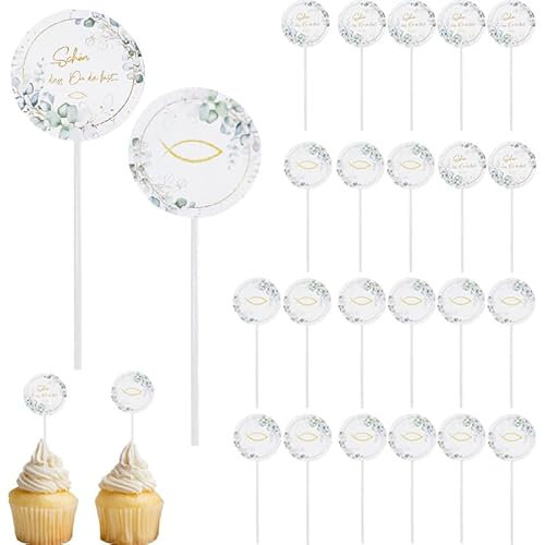 Azlanway Cake Topper Kommunion 24 Stück – Eukalyptus & Fisch Tortendeko für Kommunion & Erstkommunion, Cupcake Deko Junge Mädchen, Deko für Muffins, Kuchen, Dessert, Partydeko Konfirmation