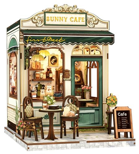 Cutefun Kit de rincón de libros, kit de casa en miniatura para adultos, rompecabezas de madera 3D con LED, kit de casa de muñecas, decoración de estantería, regalos creativos para mujeres (Sunny Cafe)