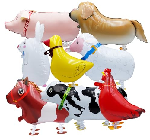 8-Pack Walking Farm Animal Balloons | Farm Theme Party Decorations for Kids' Birthdays, BBQs & Farmhouse Events | Reusable Foil Balloons with Ribbon