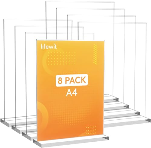 Lifewit Porte Affiche A4 en Acrylique, Presentoir de Table, Transparent Porte Menu, Stands de Présentation en Forme de T pour Réception, Bureau, Restaurant, Hôtel, 30 x 21 cm, Lot de 8