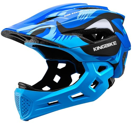 KINGBIKE Kinder Fullface Helm Integralhelm mit abnehmbarem Kinnschutz | Fahrradhelm für Roller, Fahrrad & Multisport, Schutzhelm ab 5 Jahren für Jungen und Mädchen 51-55CM