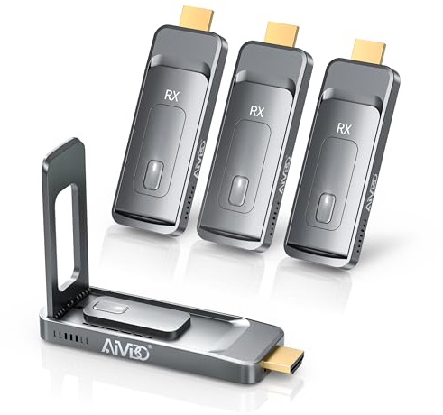 Transmisor HDMI inalámbrico AIMIBO 2026 y 3 receptores, transmisión inalámbrica 5G HDMI a hasta 6 televisores, entrada 4K 1080p@60Hz con antena plegable para ordenador portátil/PC/TV Box a varios TV