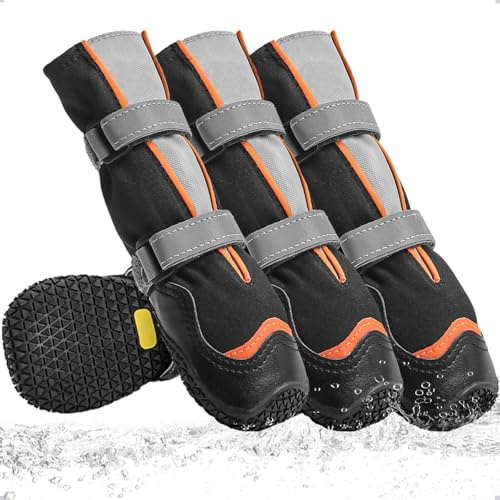 Ohcozzy Tiefe Wasserdicht Hundeschuhe, hohe Hundestiefel mit V-förmiger Zunge für einfaches Anziehen, Pfotenschutz Hundestiefel Winter fürkleine, mittlere und große Hunde 4 Stück, M