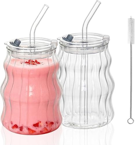 Ribbed Glass Cups with Lids and Straws – Unique Glasses for Iced Coffee | Vintage Drinkware Wavy Design Iced Coffee Cup,Ideal Wavy Cups with Straws, Bubble Aesthetic, Clear Ribbed Glasses 2 Pcs 530ML