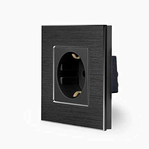 Luxus-Time Schuko Steckdose einfach mit Alu Rahmen Schwarz Komplettset Wandsteckdose Unterputz mit Kindersicherung LXBA1-12-71-12