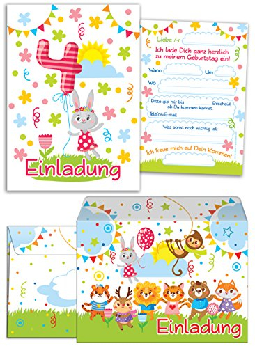 JuNa-Experten 12 Einladungskarten zum 4. Kindergeburtstag für Mädchen incl.12 Umschläge/bunte Einladungen zum Geburtstag für Mädchen Süße Tierchen/Süße Hase (12 Karten +12 Umschläge)