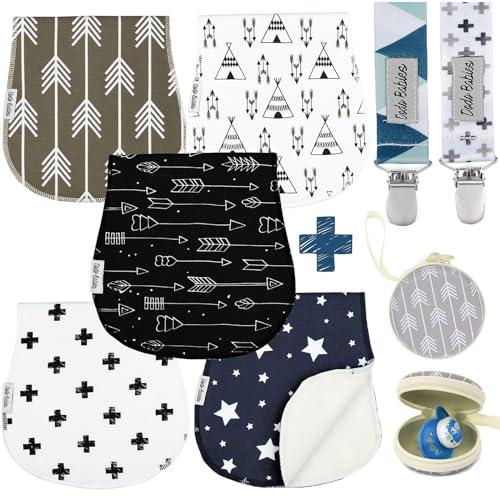Dodo Babies 5er-Pack Spucktücher für Babys – weiche, saugfähige Spucktücher aus Baumwolle – inklusive Schnulleretui und 2 Schnullerclips – Farben: Blau, Grau und Schwarz