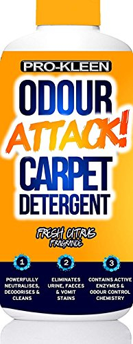 Pro-Kleen Odour Attack Pet Carpet Cleaner Shampoo 1L Contains Active Enzymes to Digest Urine Proteins from Dogs Cats Humans, Eliminates Urine, Faeces & Vomit Stains, Citrus