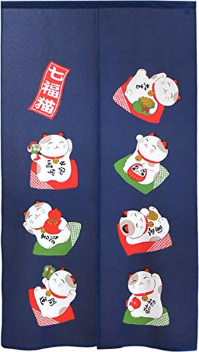 Cosmos Noren Japanese Curtain Blind 7 Lucky Good Fortune Cats 85x150cm Blue Made in Japan 11593