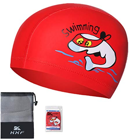 KXF - Gorro de natación para niños, impermeable, de poliuretano, protección de oídos, elástico, con revestimiento de dibujos animados, para niños y niñas de 6 a 10 años
