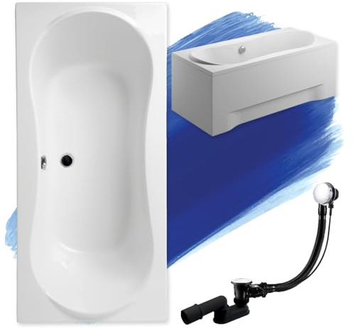 BADLAND Badewanne Original Weiß Acryl Wanne Rechteck LONG 170x80 KOMPLETTSET SET mit Weiß Acrylschürze + Füßen und Exklusive Chrom Automatik Ablaufgarnitur Made in EU 4in1