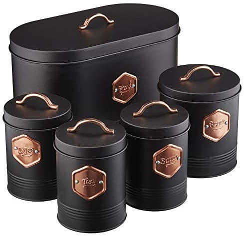 Cooks Professional 5 Piece Tea Coffee Sugar Bread & Biscuit Cannister Set | Labelled Storage Tins | Containers with Airtight Lids | Canisters for Kitchen Accessories & Essentials | Black & Copper