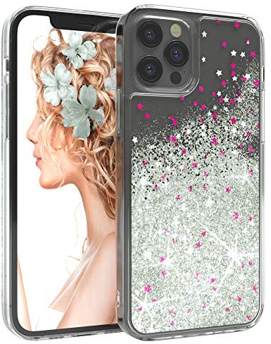EAZY CASE Hülle kompatibel mit iPhone 12/12 Pro Schutzhülle mit Flüssig-Glitzer, Handyhülle, Schutzhülle, Back Cover mit Glitter Flüssigkeit, TPU/Silikon, Transparent/Durchsichtig, Silber
