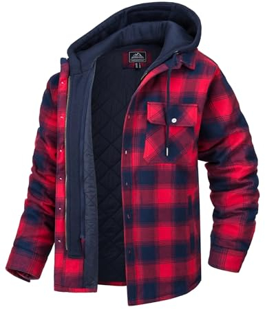 MAGCOMSEN Herren Thermohemd Warme Kariertes Hemd Hoodie Gesteppt Plaid Freizeithemd Abnehmbar Kapuze Holzfällerhemd Herren Winter Fleece Flanellhemd Casual Hemdjacke mit Große Taschen Rot S