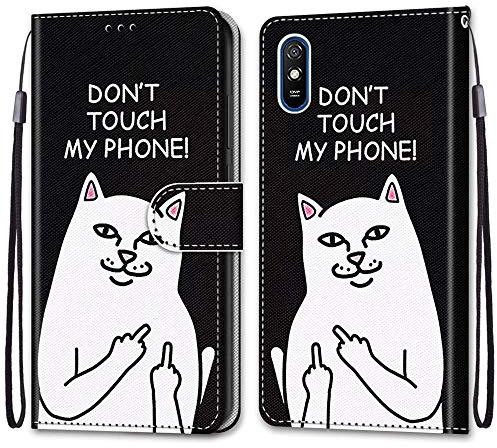 Mo-Somnus Coque pour Xiaomi Redmi 9A, Etui en Cuir PU Portefeuille Housse Coque avec 360 Degrés Silicone Antichoc Protection Cover Cuir Pochette Magnétique und Flip Béquille (Chat 5)