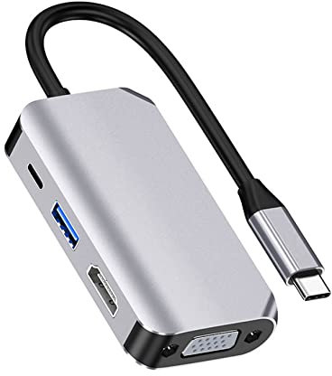 USB C Hub Multiport Adapter,4 in 1 Dongle,USB C to HDMI VGA USB3.0 PD Fast Charging,4K@30Hz HDMI,1080P@60Hz VGA,Compatible for MacBook,iPad Pro,XPS,Chromebook and Other Type C Devices (Gray)