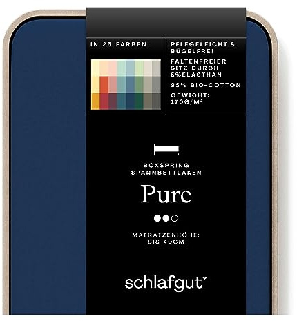 schlafgut Pure Boxspring Spannbettlaken 120x200 cm Bio-Baumwolle, Blue Deep | Bettlaken, Spannbetttuch 130x200, 130x220 cm, Blau, Boxspringbett, bis 40 cm Steg, Bio Baumwolle Elasthan, Made in Green