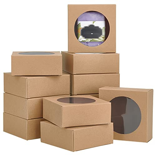 BENECREAT 24 Packungen 9.3x9.3x3.8 cm Runde Geschenkboxen Aus Transparentem PVC, Quadratische Geschenkverpackungen Aus Braunem Kraftpapier Für Partygeschenke, Und Schmuckverpackungen