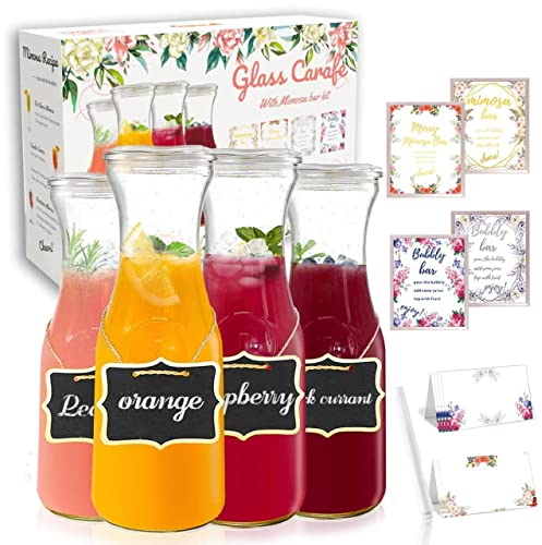 Juego de 4 jarras y jarras de vidrio para suministros de barra de mimosa, jarra de vidrio de 1 litro con tapas para vino, brunch, champán, limonada, leche, té helado, jarra de jugo y recipiente, jarra