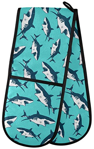 ZZXXB Wild Sea Shark Double Oven Mitt Heat Resistant Non-Slip Kitchen Gloves Extra Long 7 x 35 for Cooking Baking Barbecue Grilling