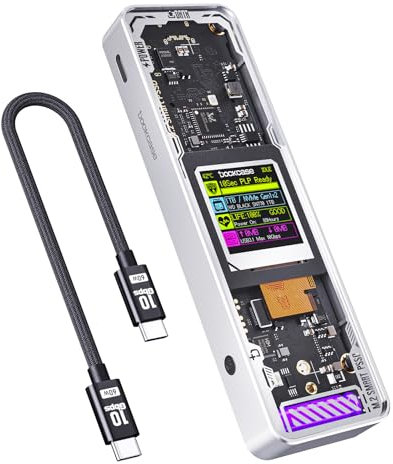 DOCKCASE Explorer Edition Smart SSD Enclosure -10s Power Loss Protection, NVMe M.2 Enclosure Real-time SSD Health Detection, Dual Type-C Ports USB-C 3.2 (10Gbps) Supports NVMe SSD Up to 4TB Silver