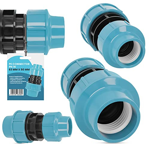 PE Rohr Kupplung Verschraubung PN16 (63 mm x 50 mm) Klemmverbinder Verlegerohr Fitting Wasserrohr Verbinder Garten Wasserleitung Bewässerungssystem Versorgungsleitung Pipeline Sprinklersystem