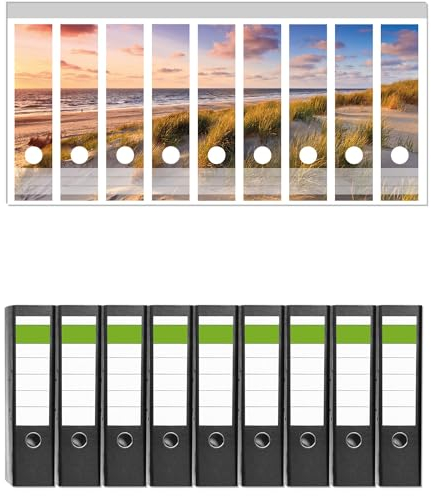 Wallario 9 Stück breite Ordner inkl. Klebeetiketten mit Motiv Abendspaziergang am Strand - Sonnenuntergang über dem Meer - Set mit Rückenschildern/Ordnerrücken Stickern