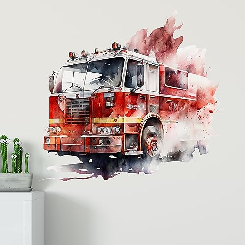 GRAZDesign Wandtattoo Feuerwehr Kinderzimmer Junge, Wand Aufkleber Tattoo Kinder Auto, Feuerwehrauto Wandaufkleber für Jungenzimmer & Teenager 62x57cm