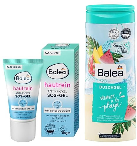 Balea 2er-Set Hautpflege: Anti-Pickel SOS-GEL HAUTREIN gegen pickelverursachende Bakterien mit Salizylsäure, Zink, hautberuhigenden Eigenschaften (15 ml) + Duschgel VAMOS A LA PLAYA (300 ml), 315 ml
