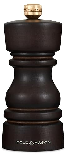 Cole & Mason H233015 London Salzmühle, mit Einstellbarem Mahlwerk, Schokolade Holz, 13cm, Precision+ mit Keramikmahlwerk, Gewürzmühle, Mühle für Salz
