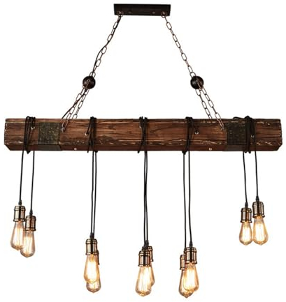 Modern Pendelleuchte 10 Lichter Industrieller Kronleuchter aus Holz Vintage Rustikale Bauernhof Pendelleuchte Line Adjusted Ceiling Hanging Light Fixture for Billardtisch Küche Insel Bar Cafe