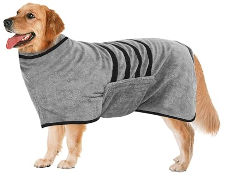 Hundebademantel Bademantel, Moseem Grau Bademantel Hund aus Mikrofaser,Hunde Handtuch mit Verstellbarem Riemen,Haustier Bademantel mit Klettverschluss, für Große Mittel und Kleine Hunde(XL)