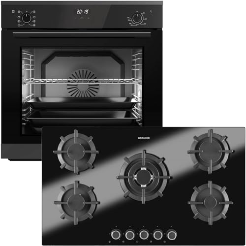 Oranier Backofen Set EBS420 Einbau autark - 9 Funktionen inkl. 90 cm Gas-Glaskeramik-Kochfeld GKH890-5 Kochstellen mit Design Bedienknebel