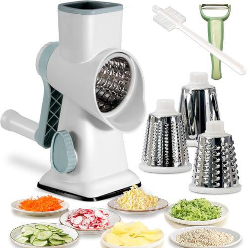 Rotary Cheese Grater Shredder with Handle Handheld Round Mandoline Vegetable Slicer Carrot Shredder Nut Grinder with 3 Replaceable Stainless Steel Drum Blades and Upgrade Strong Suction, White/Cyan