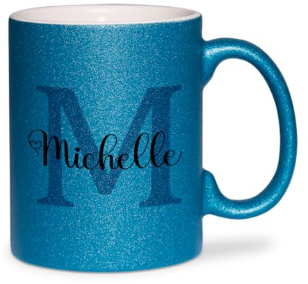 glitzertassen.de® | Namenstasse mit Buchstabe | Personalisiert| Tasse mit Glitzer | Geschenkidee | Keramik | 330 ml | Blau