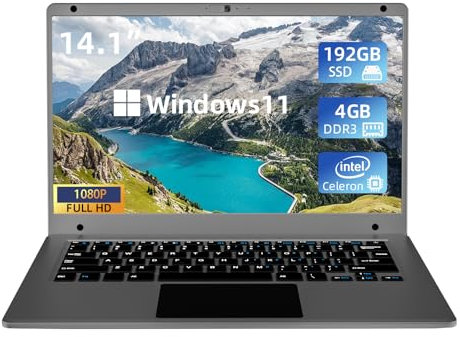 Waxuor Computer Portatile 14,1 Pollici PC Portatile Win 11 Notebook, 4 GB DDR3 192 GB SSD, Celeron Quad Core, Full HD IPS 1920x1080, WiFi,Bluetooth4.2, USB3.0,Mini HDMI