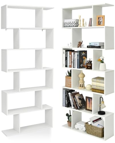 HOMASIS Stehendes Bücherregal mit 5/6 Ebenen, S-Form Standregal stilvoll, Aufbewahrungsregal Holz, multifunktionales Wandregal Raumteilerregal für Wohnzimmer, Büro & Arbeitzimmer (Weiß, 6 Ebenen)