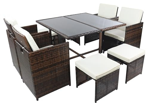 VCM 9-TLG Gartenmöbel Set | Sitzgruppe Essgruppe | 1xTisch, 4X Stühle, 4X Hocker | Tisch Maße ca. H. 72 x B. 110 x T. 110 cm | Rattan | Garten Set - Raloso Braun
