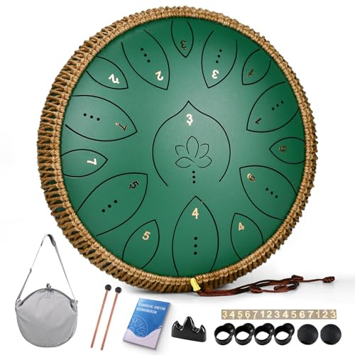 Zungentrommel 13 Zoll 15 Töne, Hand Pan Drums für Erwachsene 440hz, C-Dur Handpan Musikinstrument mit Liederbuch, Schlägeln und Tragetasche, Grün