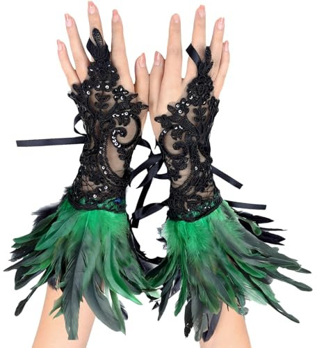 YOUYIKE Spitze Feder Handschuhe, Feder Manschetten, Maleficent Kostüm, Netzhandschuhe Karneval Kostüme, Dekorative Federärmel für Halloween, Cosplay, Gotische Kleiderparty(Grünschwarz)