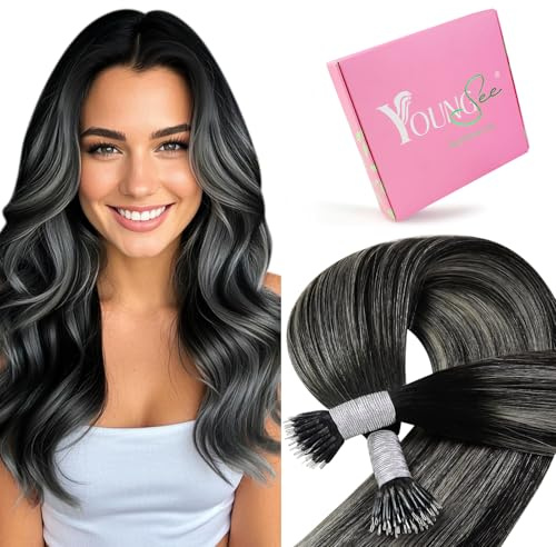 YoungSee Nano Hair Extensions Real Human Hair Silver Ombre 24 inch 50g 50s | Nano Beads Hair Extensions Ombre Black to Silver,Nano Ring Hair Extensions Long Straight Hair,for Role Playing,Pre Bonded
