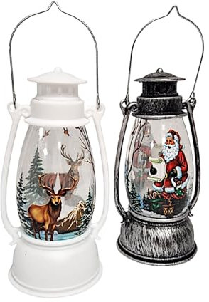 Assorted Colours 17cm Lanterns with Christmas Scenes Vintage Style Battery Operated Hanging & Standing for Indoor & Outdoor Decor Lamps (Black & White Lantern, One Size)