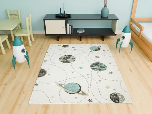 AKCILA Lima Kinderteppich mit Planeten und Sternen 120x170cm | Creme Türkis Teppich für Kinderzimmer Weltraum Motiv mit Mond und Saturn, Kinderteppich in verschiedenen Farben erhältlich